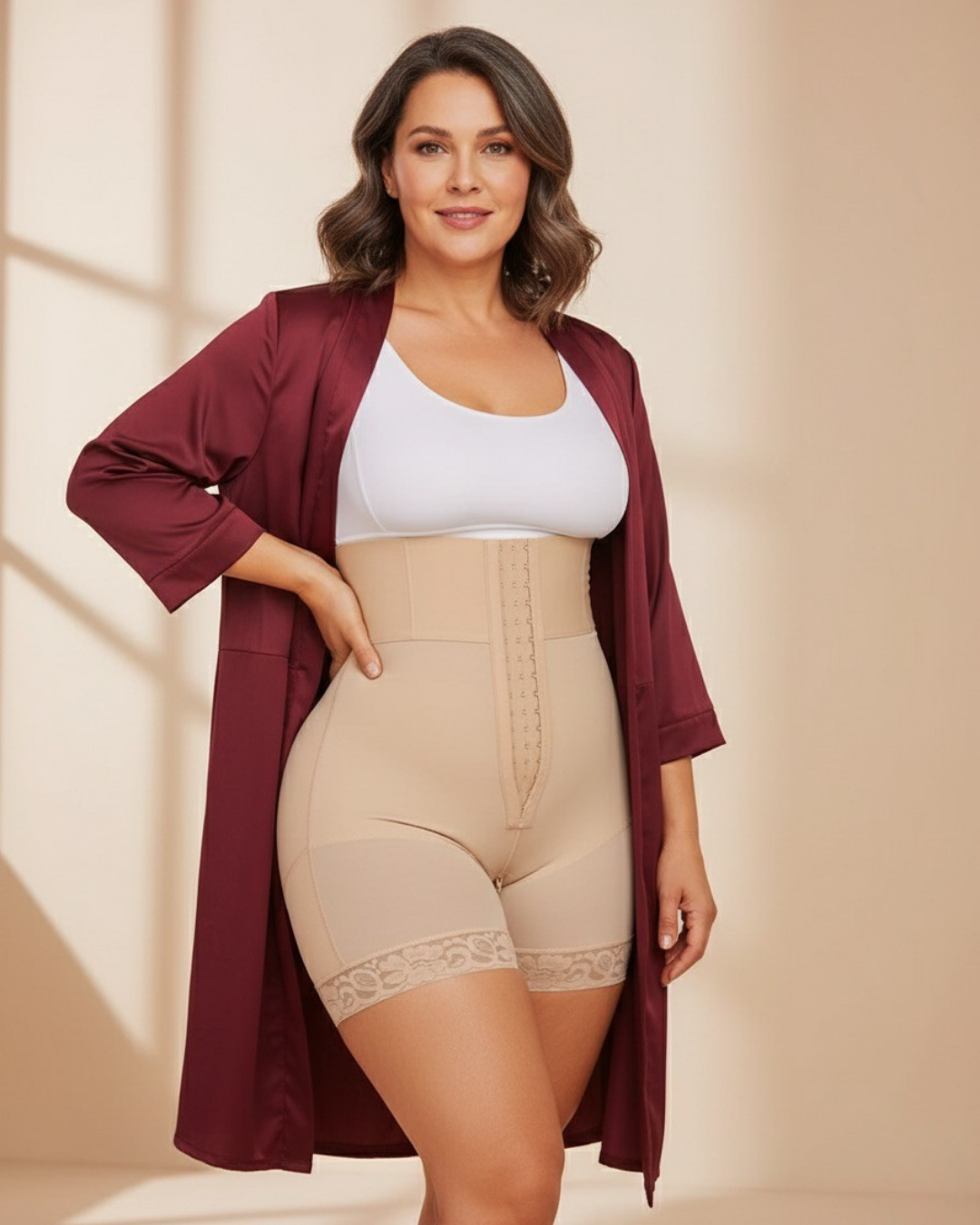 Femme souriante portant une gaine sculptante taille haute beige et peignoir bordeaux