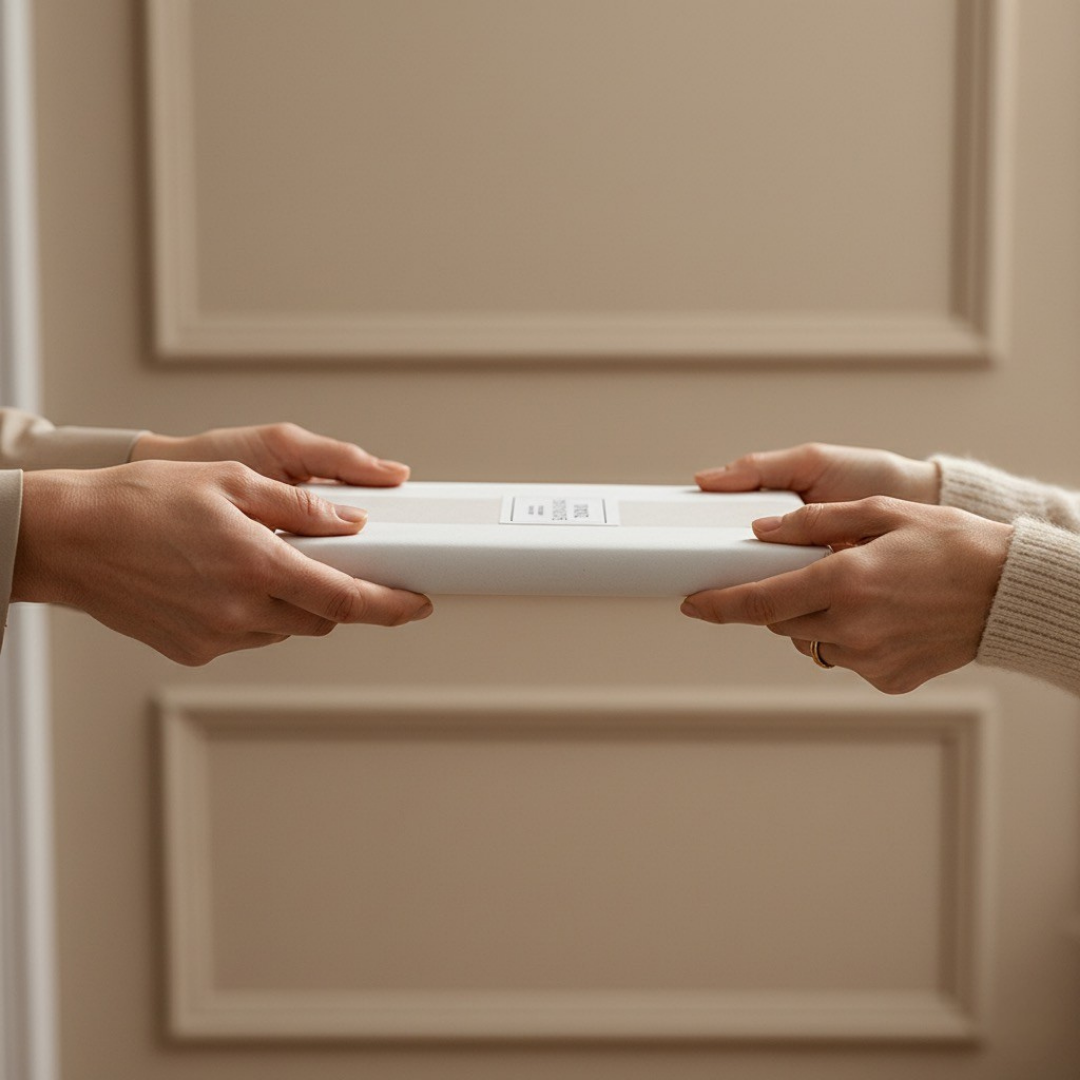 Deux mains échangent un coffret cadeau blanc dans un intérieur élégant beige