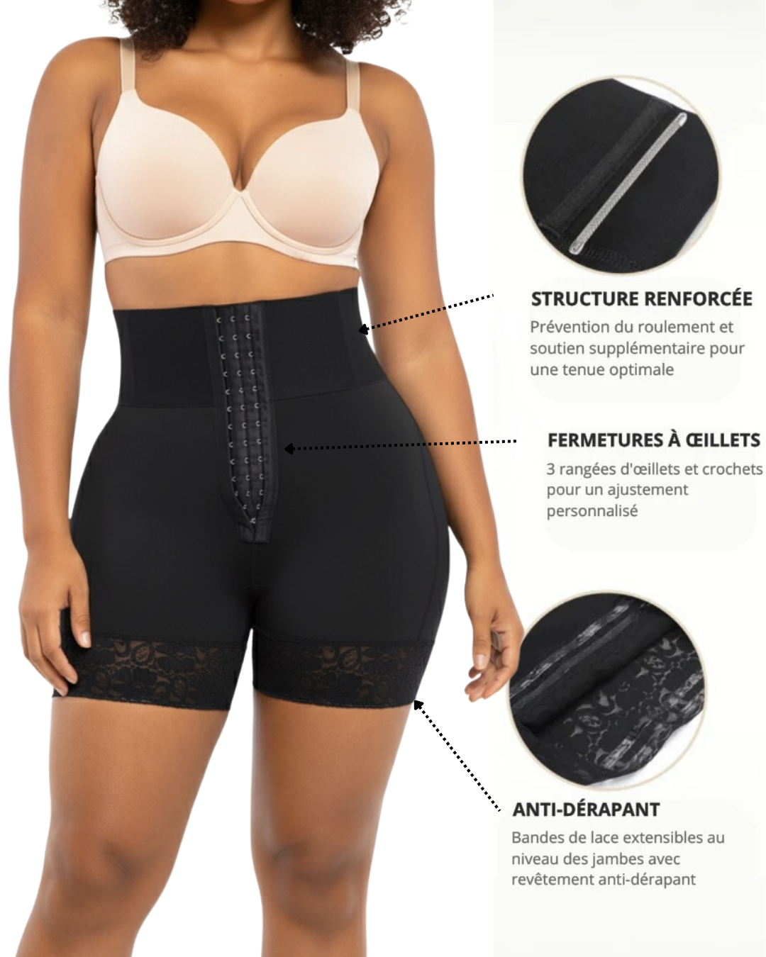 Short gainant femme noir taille haute avec détails renfort, œillets et bandes anti-dérapantes