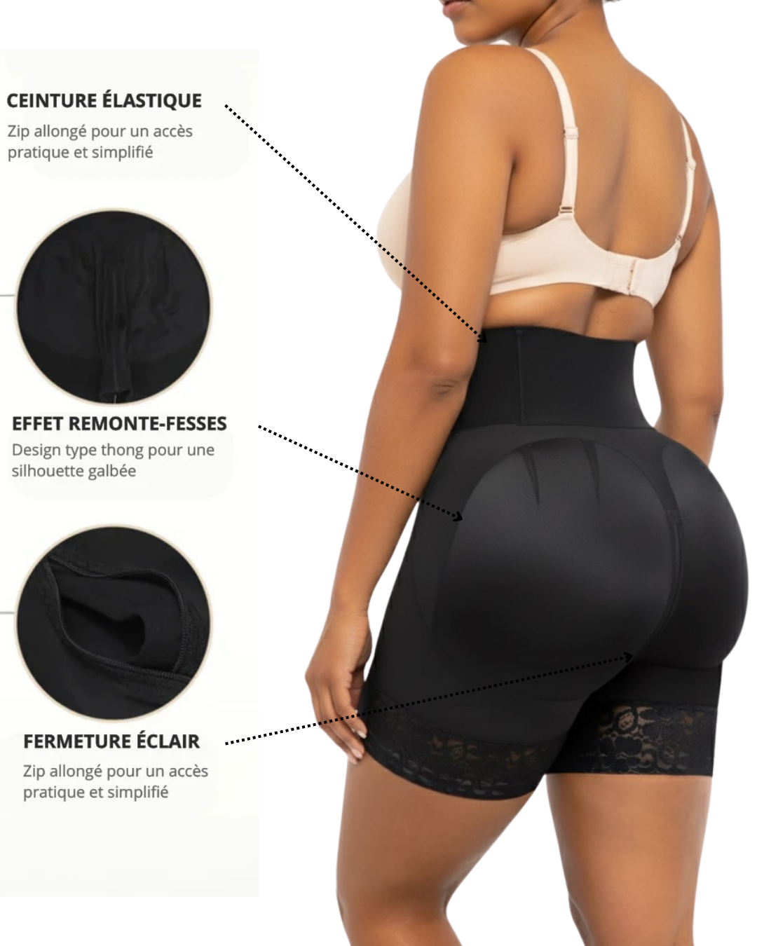 Short gainant femme noir taille haute, effet remonte-fesses, dentelle, ceinture élastique