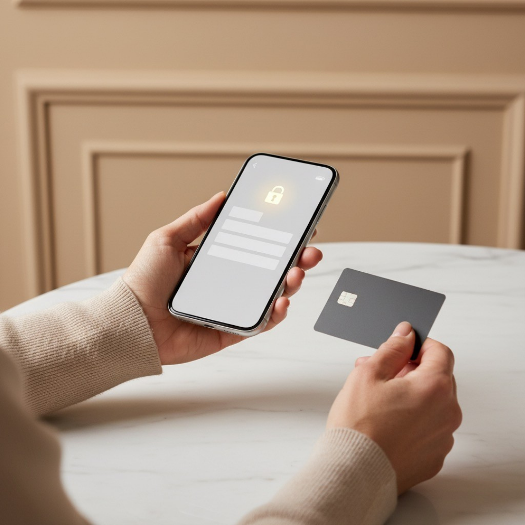 Main tenant une carte bancaire noire et un smartphone affichant un cadenas, paiement sécurisé en ligne.