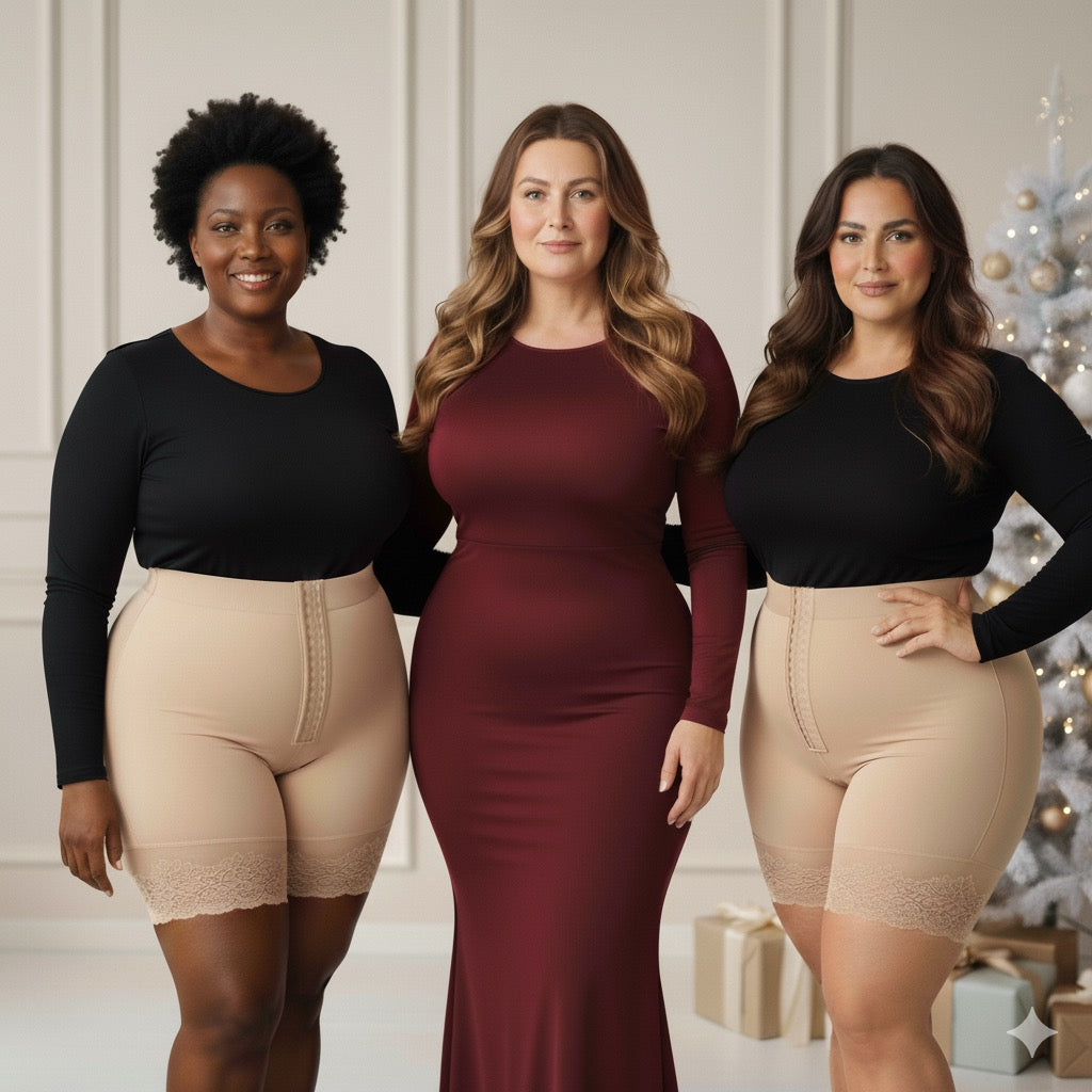 Trois femmes portant des gaines sculptantes beiges et robe bordeaux, décor festif en arrière-plan