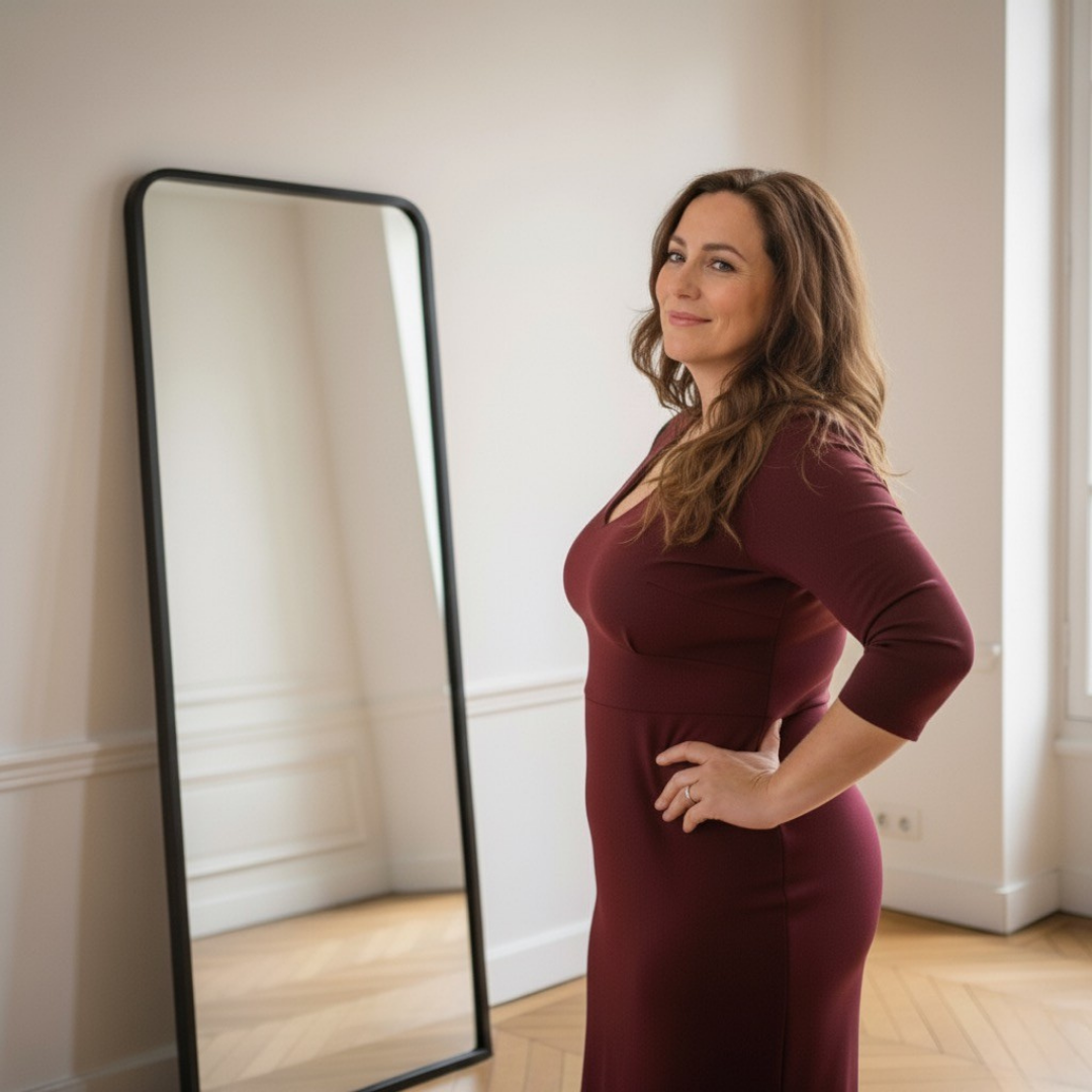 Femme souriante en robe bordeaux devant un miroir dans une pièce lumineuse avec parquet.