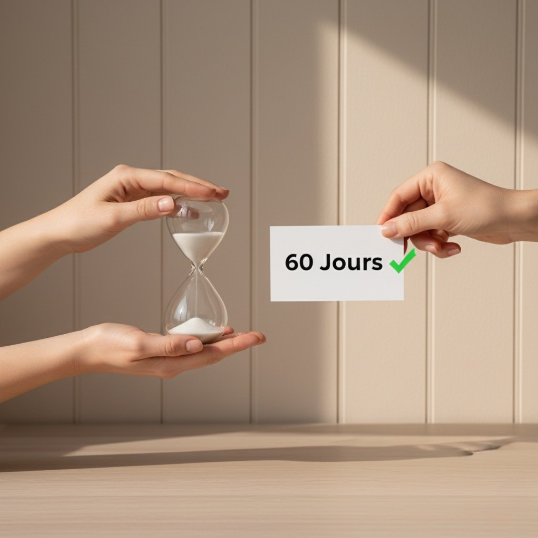 Sablier tenu à deux mains et carte 60 jours garantie sur fond bois clair