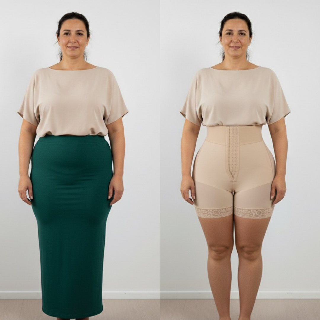 Femme montrant avant-après gaine sculptante sous-vêtement gainant beige, fond blanc