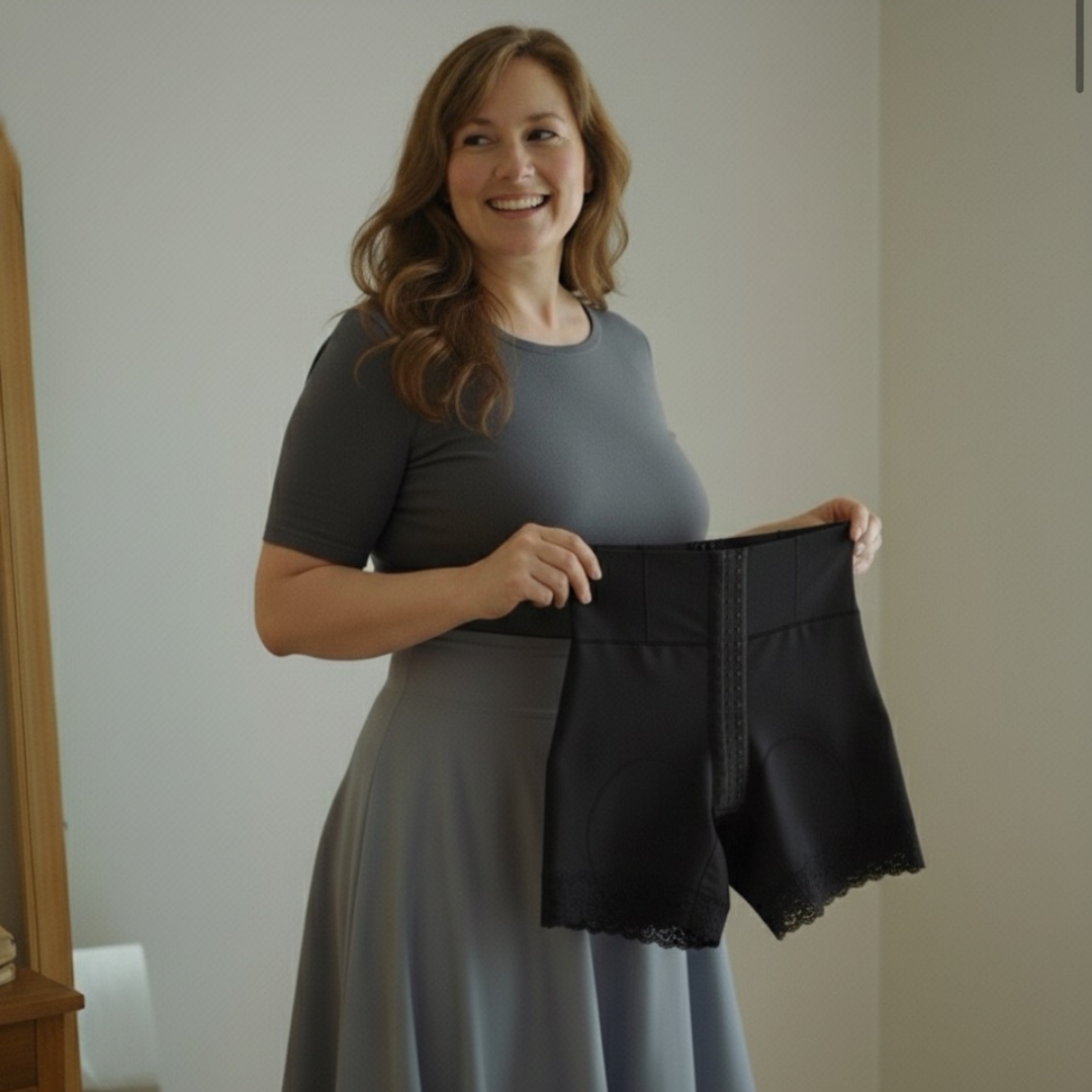 Femme souriante tenant un short gainant noir, intérieur lumineux, lingerie sculptante femme